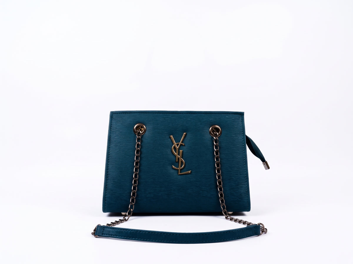 YSL Navy Blue Textured Chain-Strap Structured Tote & Crossbody
