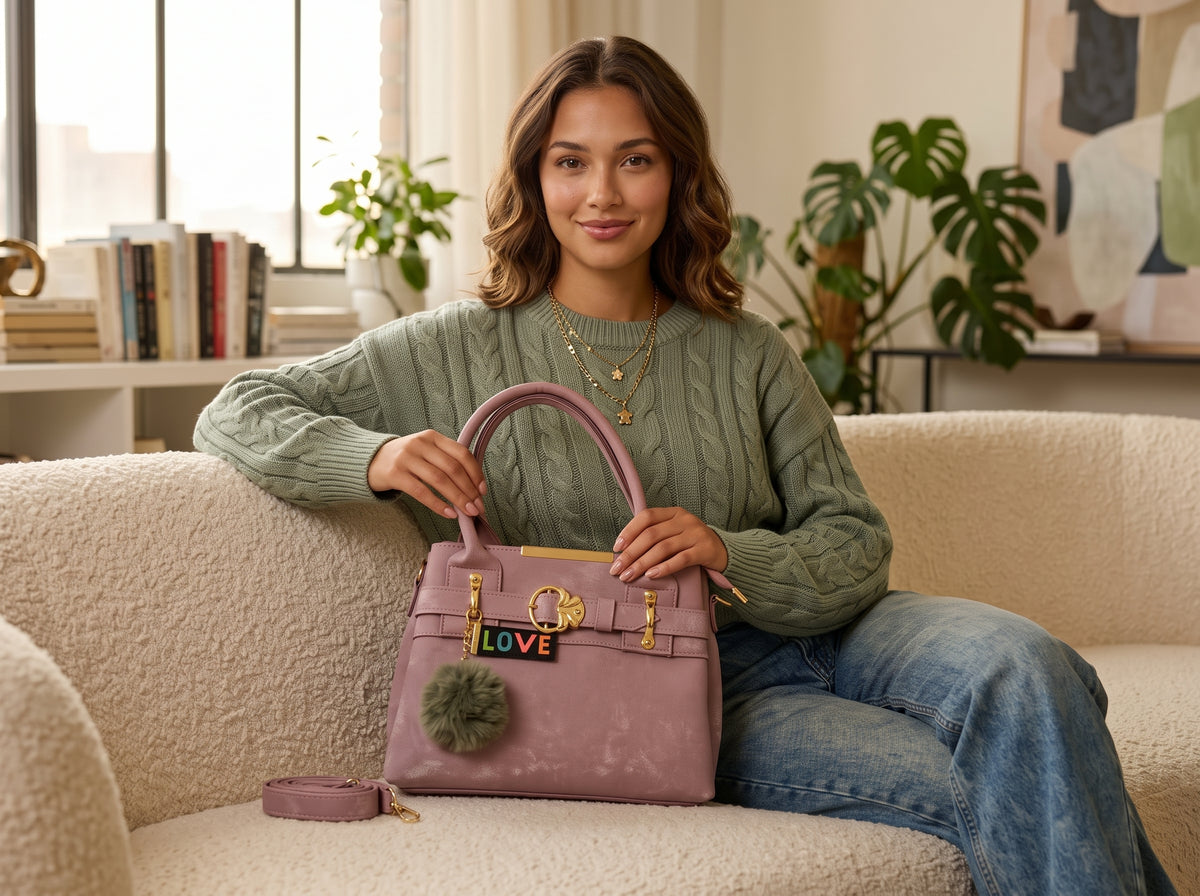 Playful Faux Leather Pom-Pom Charm Tote & Crossbody Bag