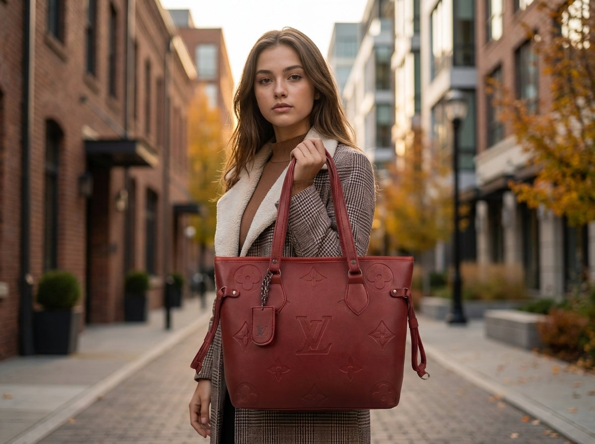 Burgundy Embossed Pattern Structured Shoulder Tote