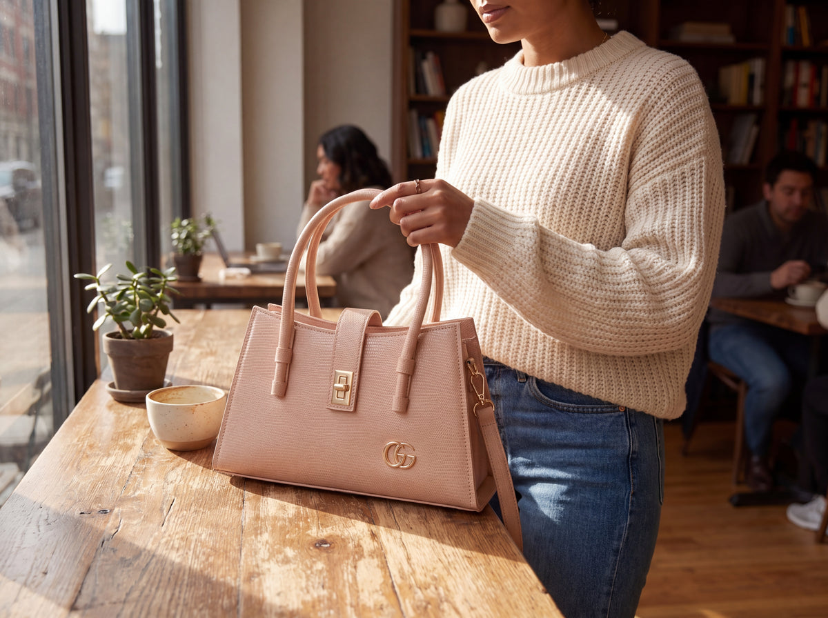 Camel Textured Turn-Lock Structured Tote & Handbag