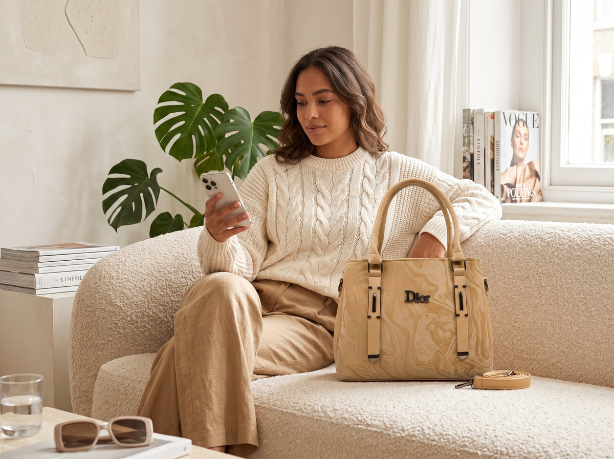 Elegant Beige Marble Print Structured Tote & Hand Bag