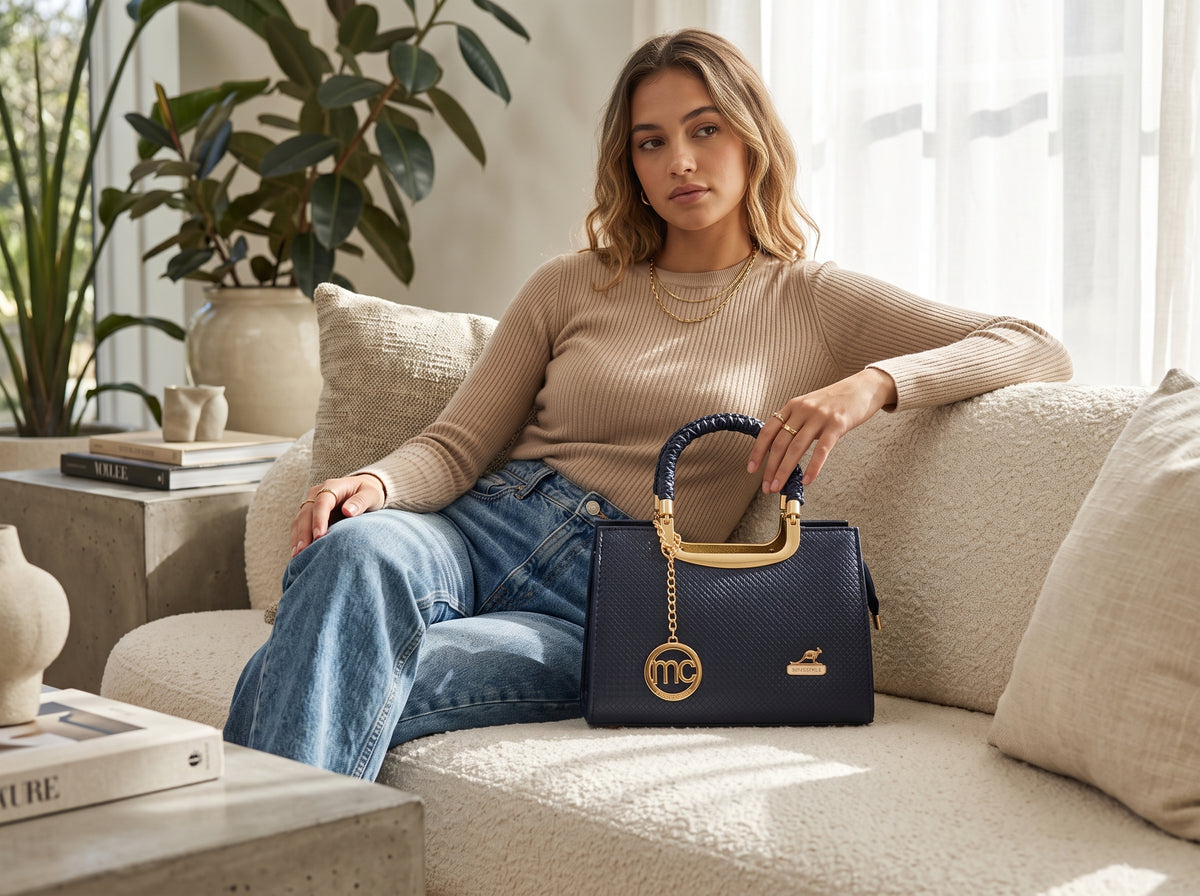 Navy Blue Textured Top Handle & Crossbody Bag