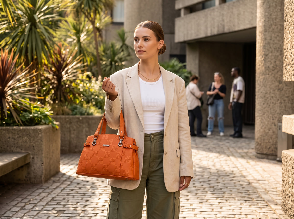 Vibrant Creamy White Embossed Geometric Structured Tote & Shoulder Bag