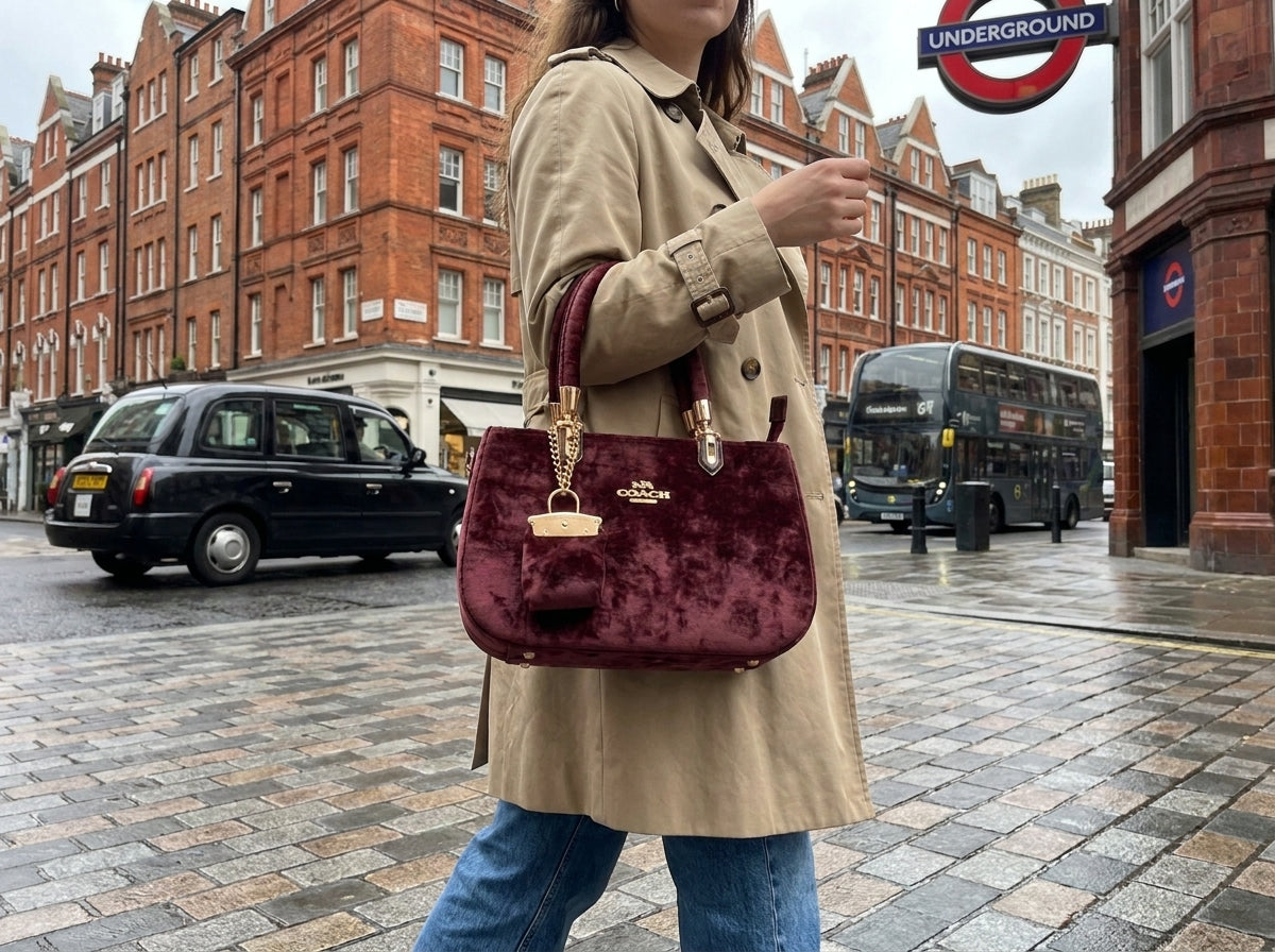 Crushed Velvet Structured Tote & Crossbody Bag With Mini Pouch Charm