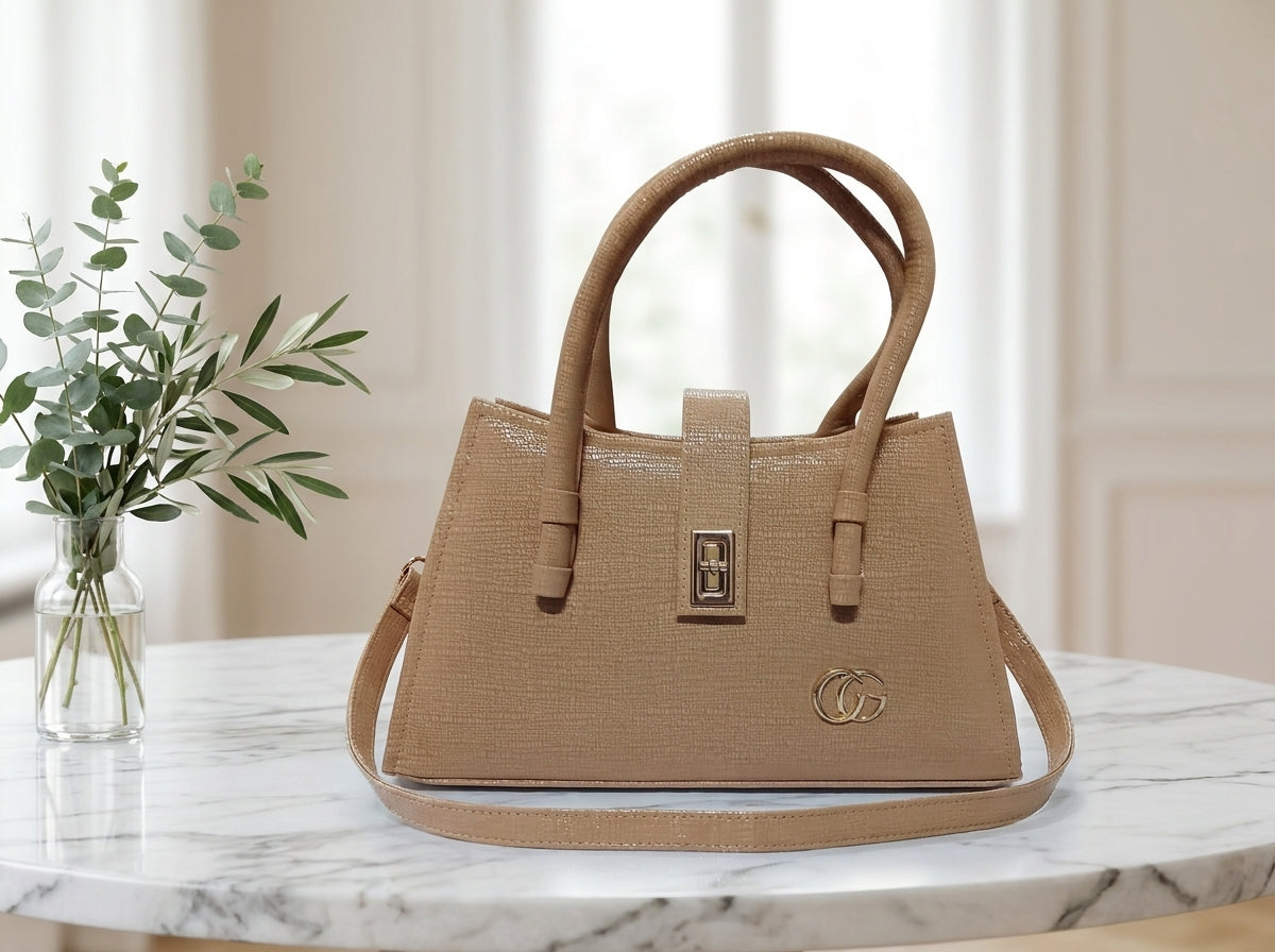 Camel Textured Turn-Lock Structured Tote & Handbag