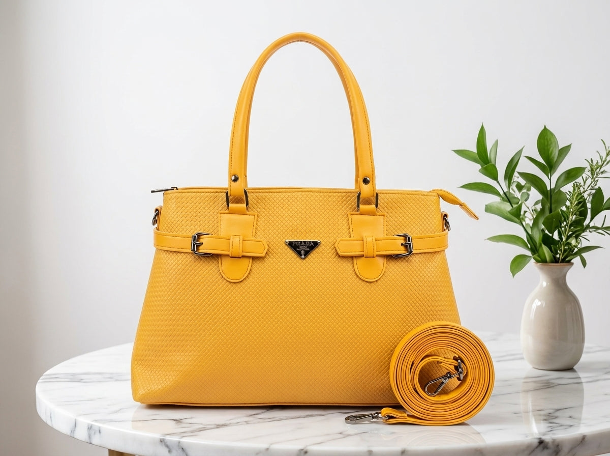 Vibrant Yellow Textured Top Handle Tote & Crossbody