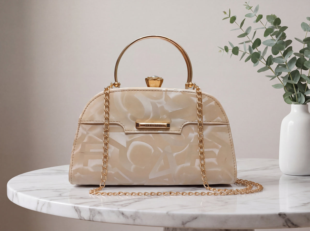 Cream Patterned Ring Handle Evening Clutch & Crossbody