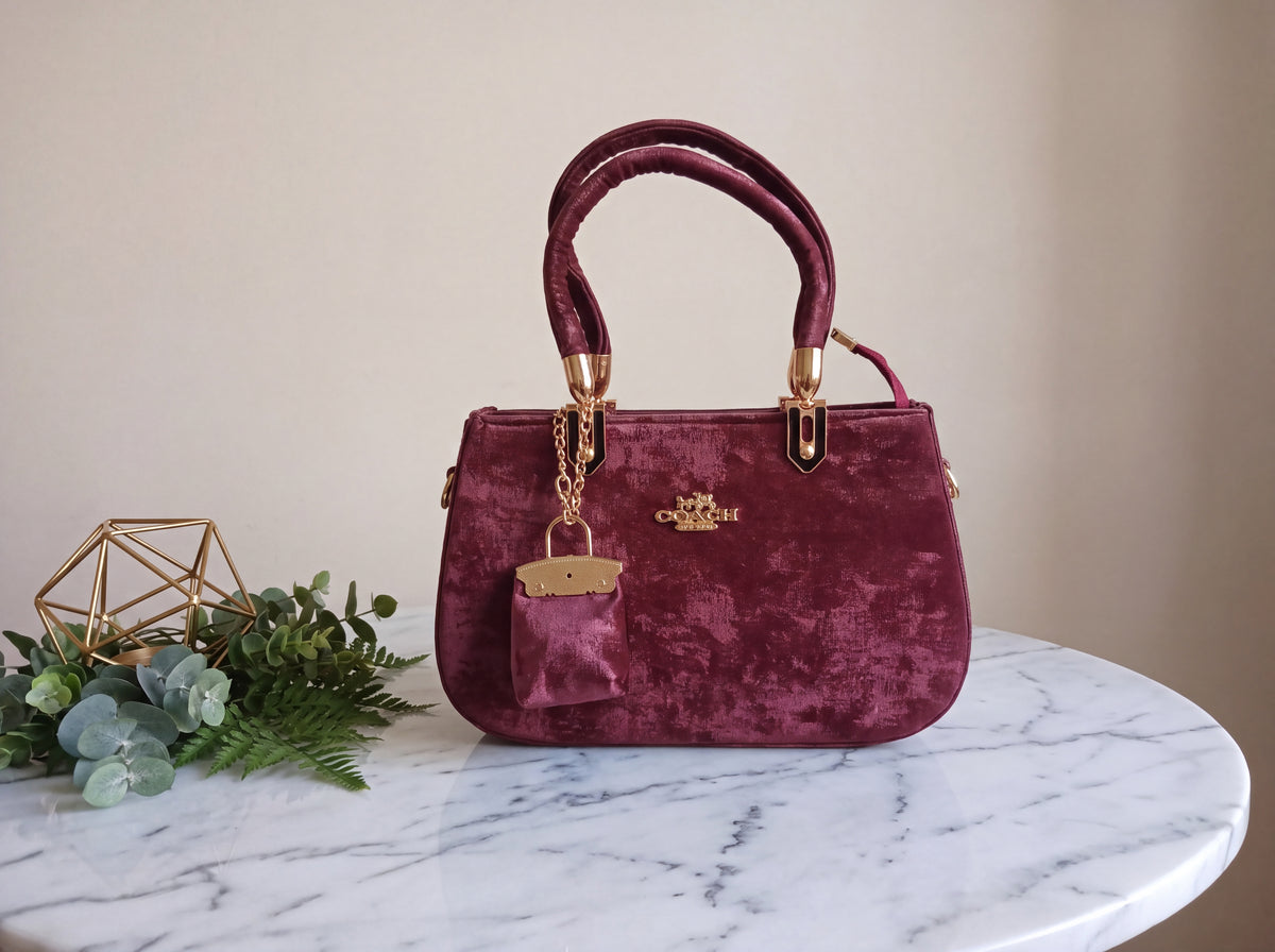 Velvet Structured Tote & Crossbody Bag with Pouch Charm