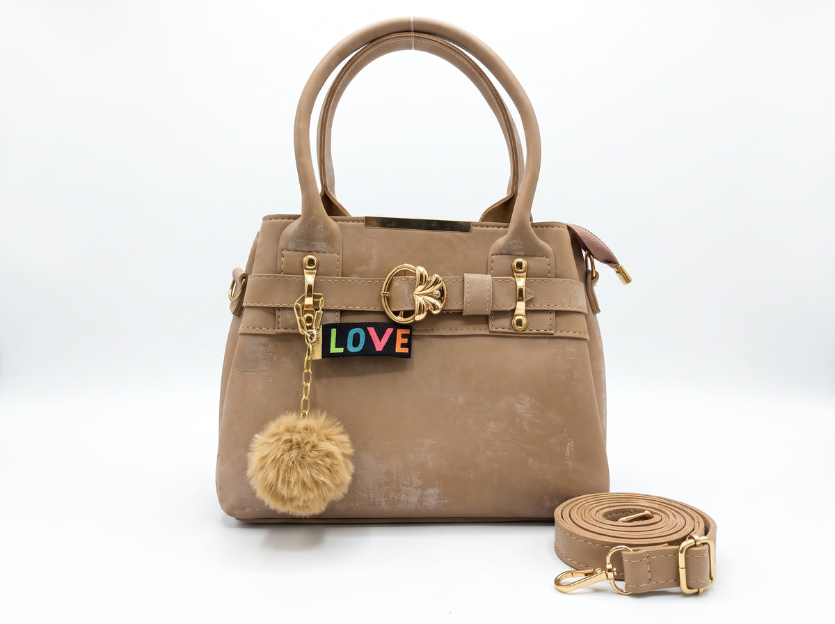 Playful Faux Leather Pom-Pom Charm Tote & Crossbody Bag