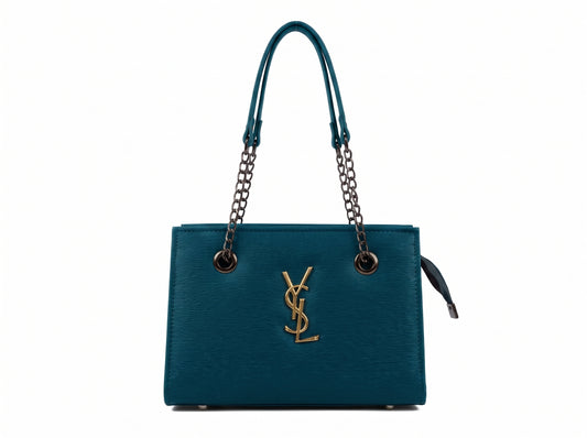 YSL Navy Blue Textured Chain-Strap Structured Tote & Crossbody