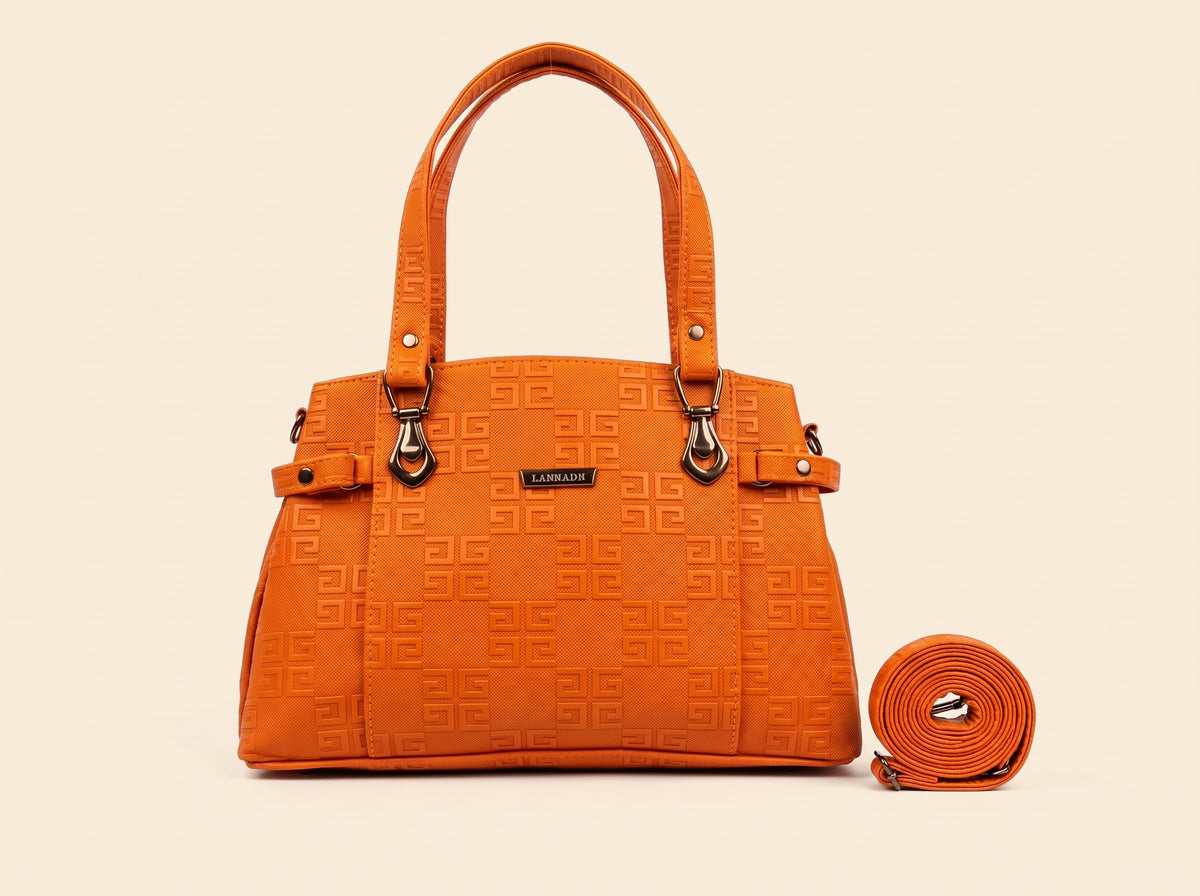 Vibrant Orange Embossed Geometric Structured Tote & Hnad Bag