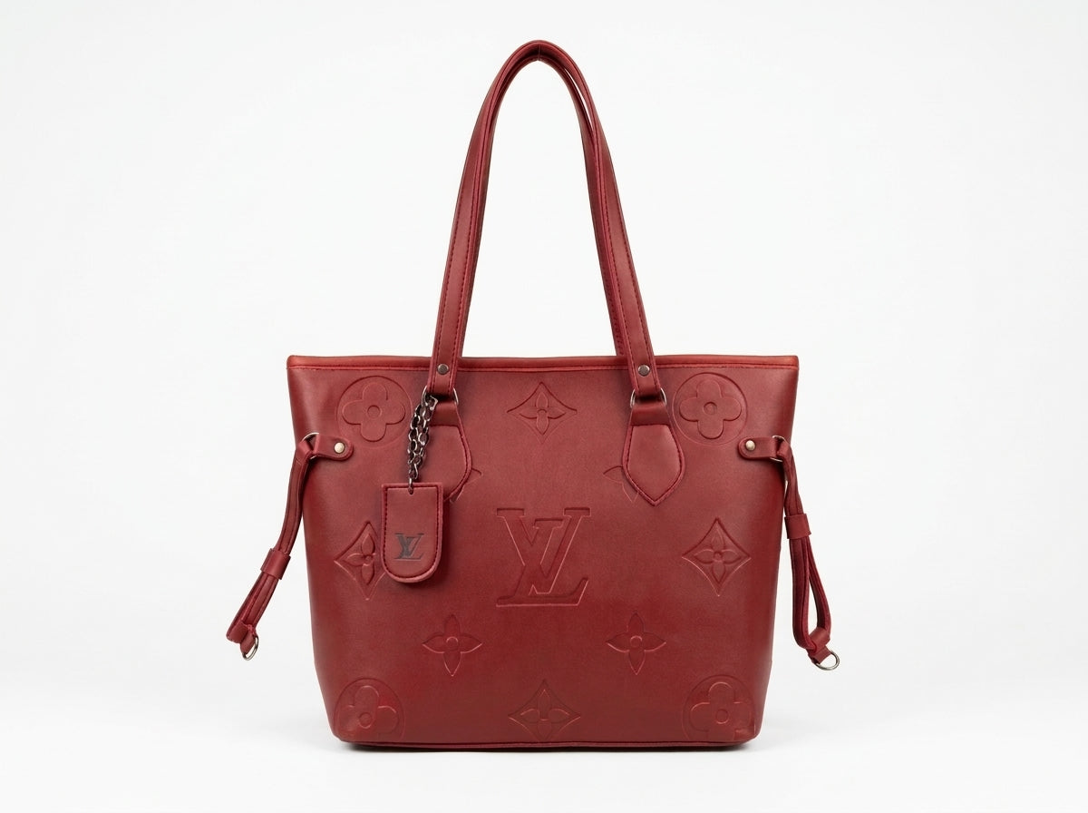 Burgundy Embossed Pattern Structured Shoulder Tote