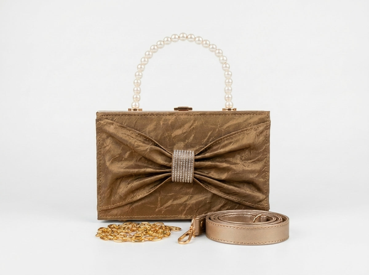 Pearl Handle Textured Bow Box Clutch & Evening Bag