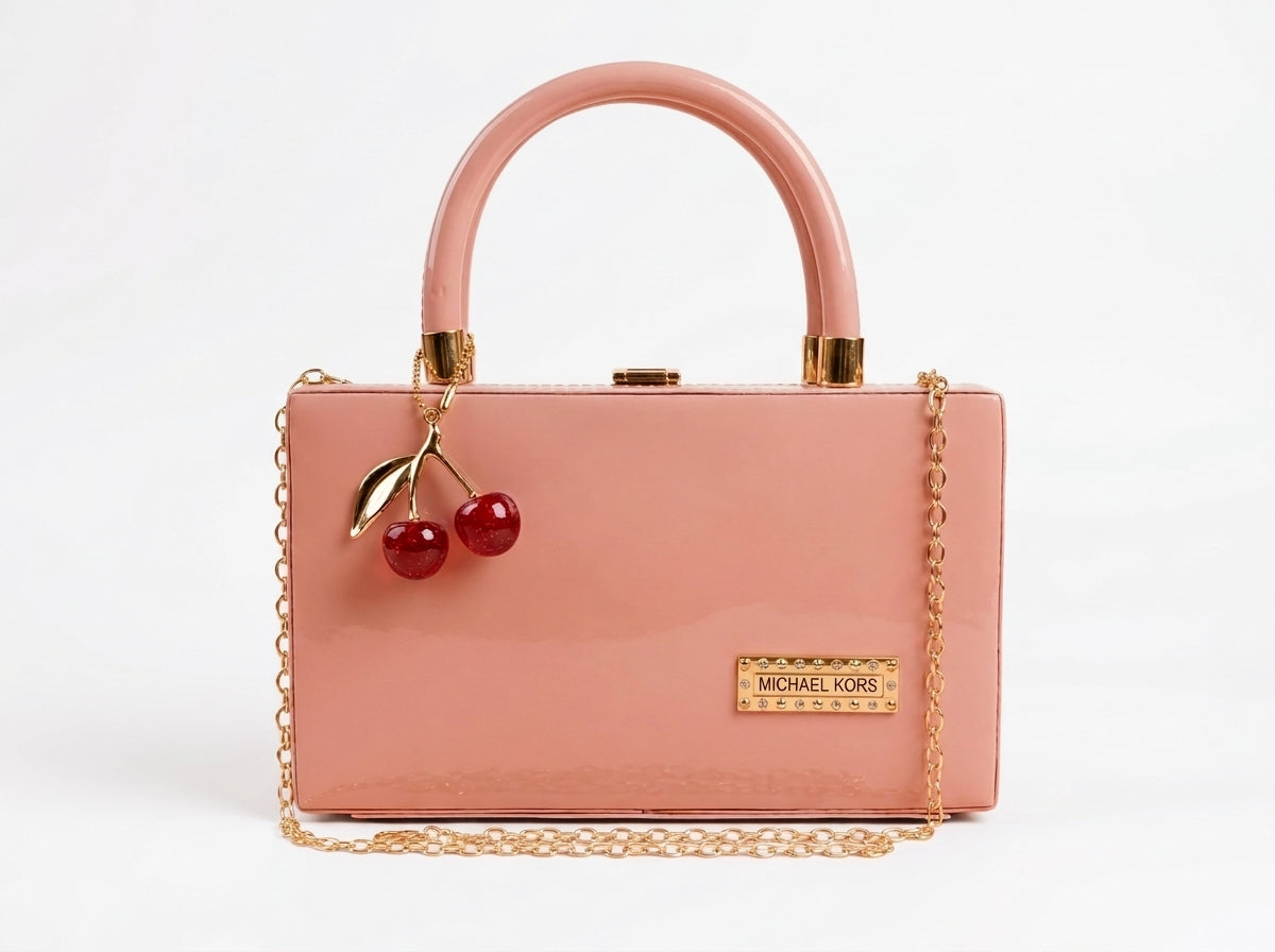Glossy Pink Box Clutch & Crossbody with Cherry Charm