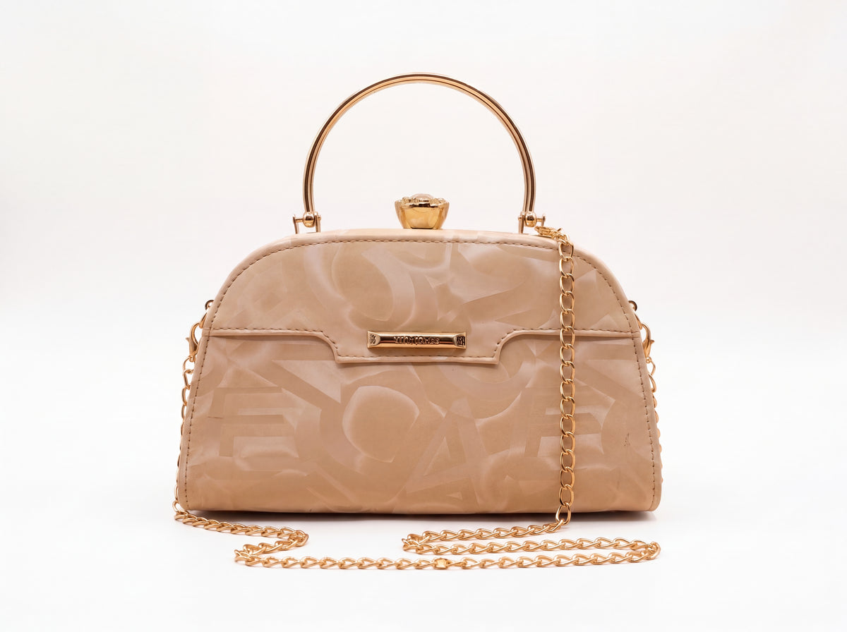 Cream Patterned Ring Handle Evening Clutch & Crossbody