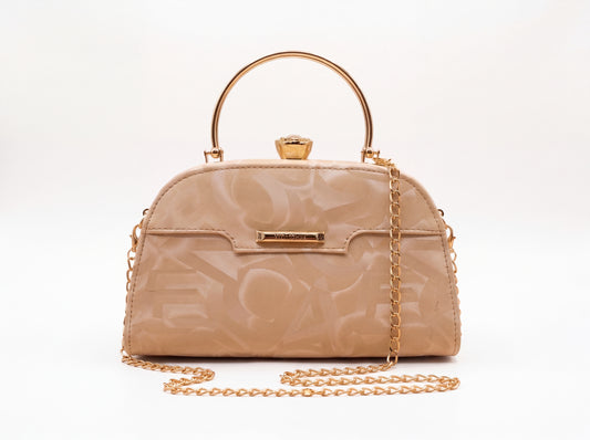 Cream Patterned Ring Handle Evening Clutch & Crossbody