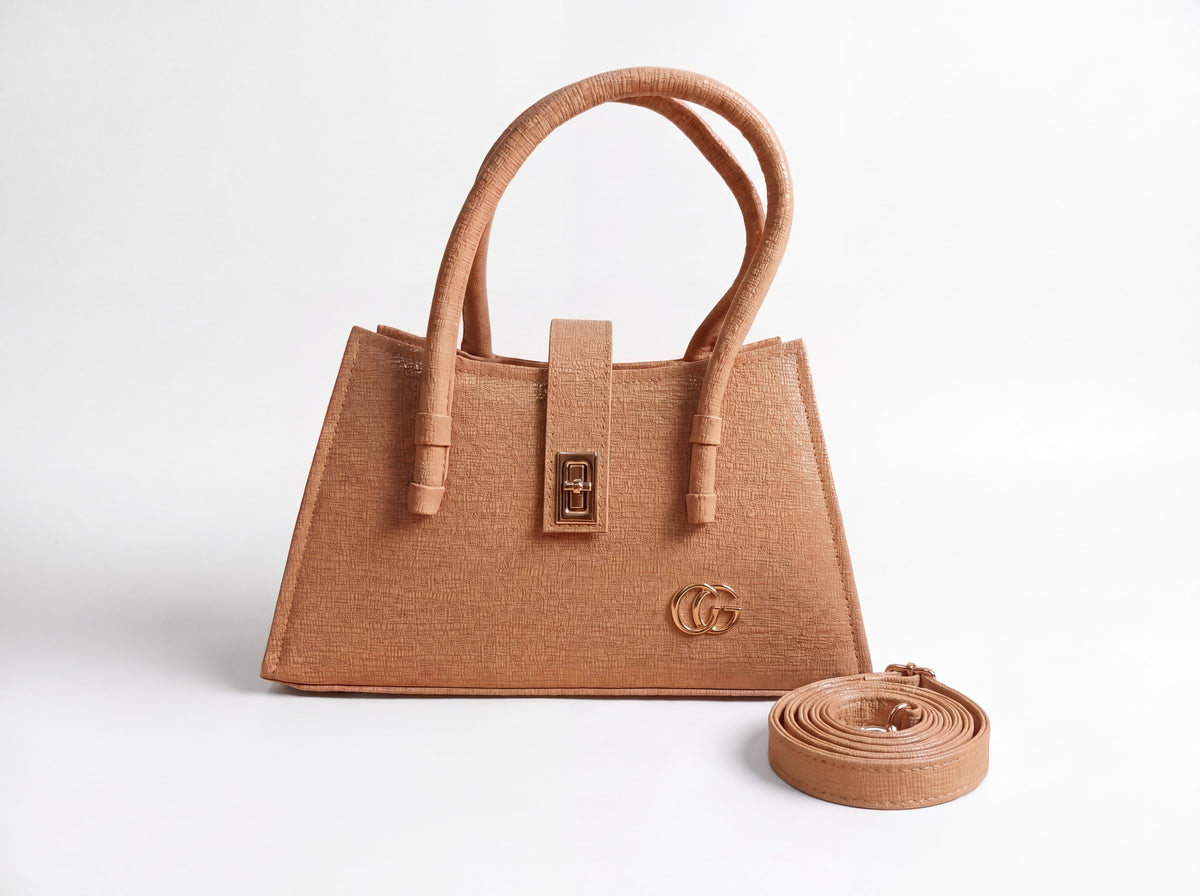 Camel Textured Turn-Lock Structured Tote & Handbag