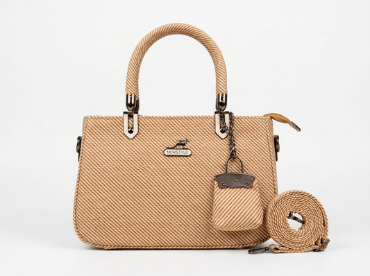 Beige Diagonal Textured Structured Tote & Crossbody HandBag