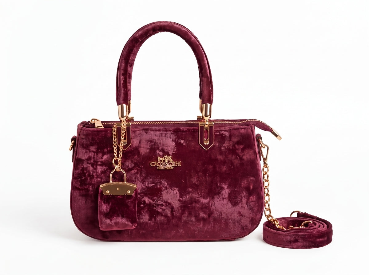 Crushed Velvet Structured Tote & Crossbody Bag With Mini Pouch Charm