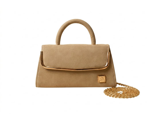 Beige Faux Suede Metal-Trim Flap Top Handle & Crossbody Bag