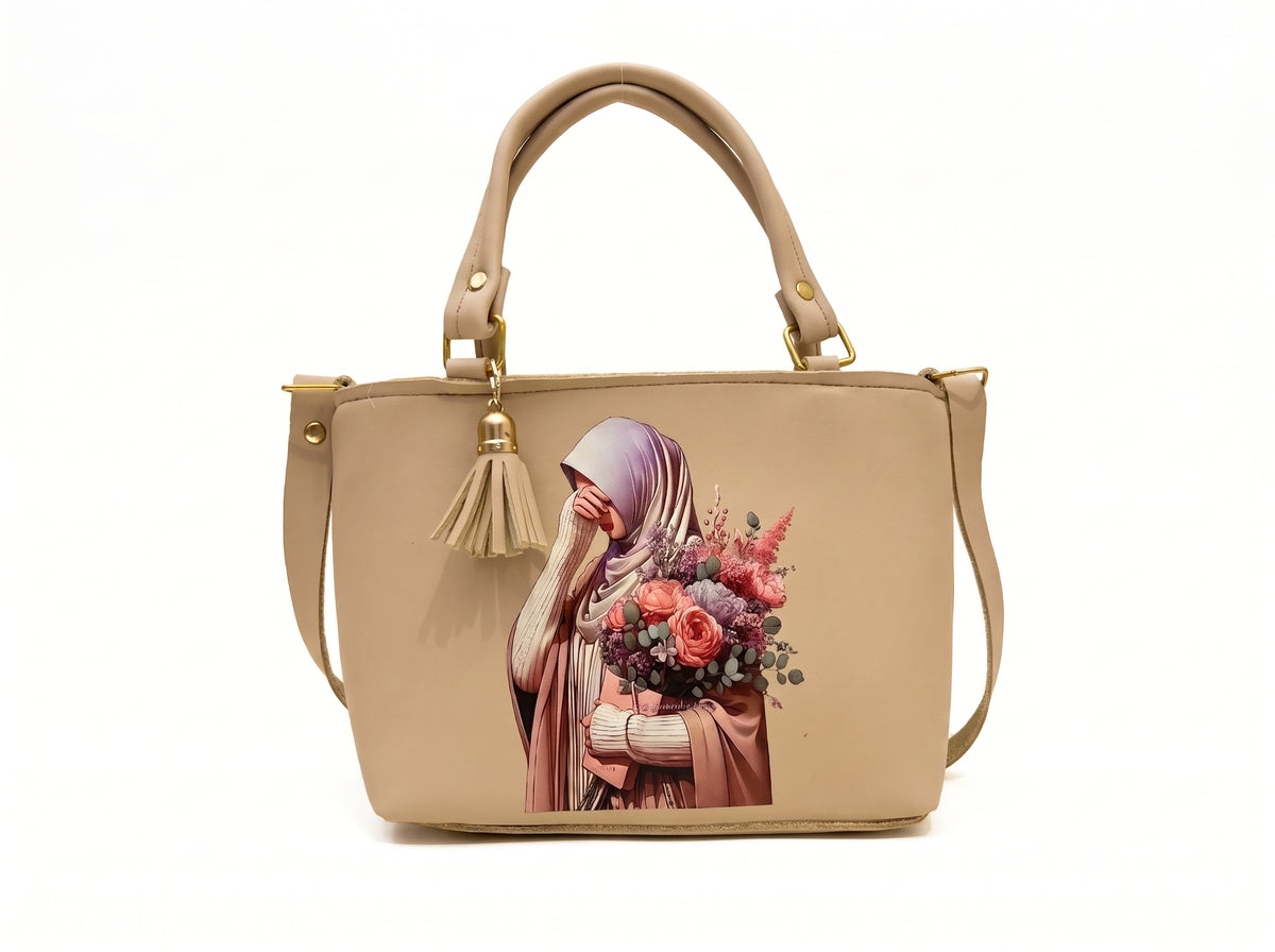 Beige Floral Graphic Structured Tote & Crossbody Bag