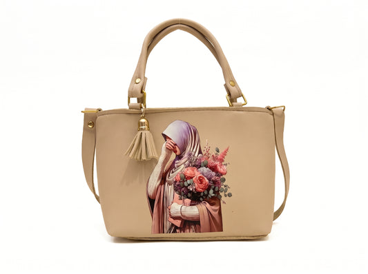 Beige Floral Graphic Structured Tote & Crossbody Bag