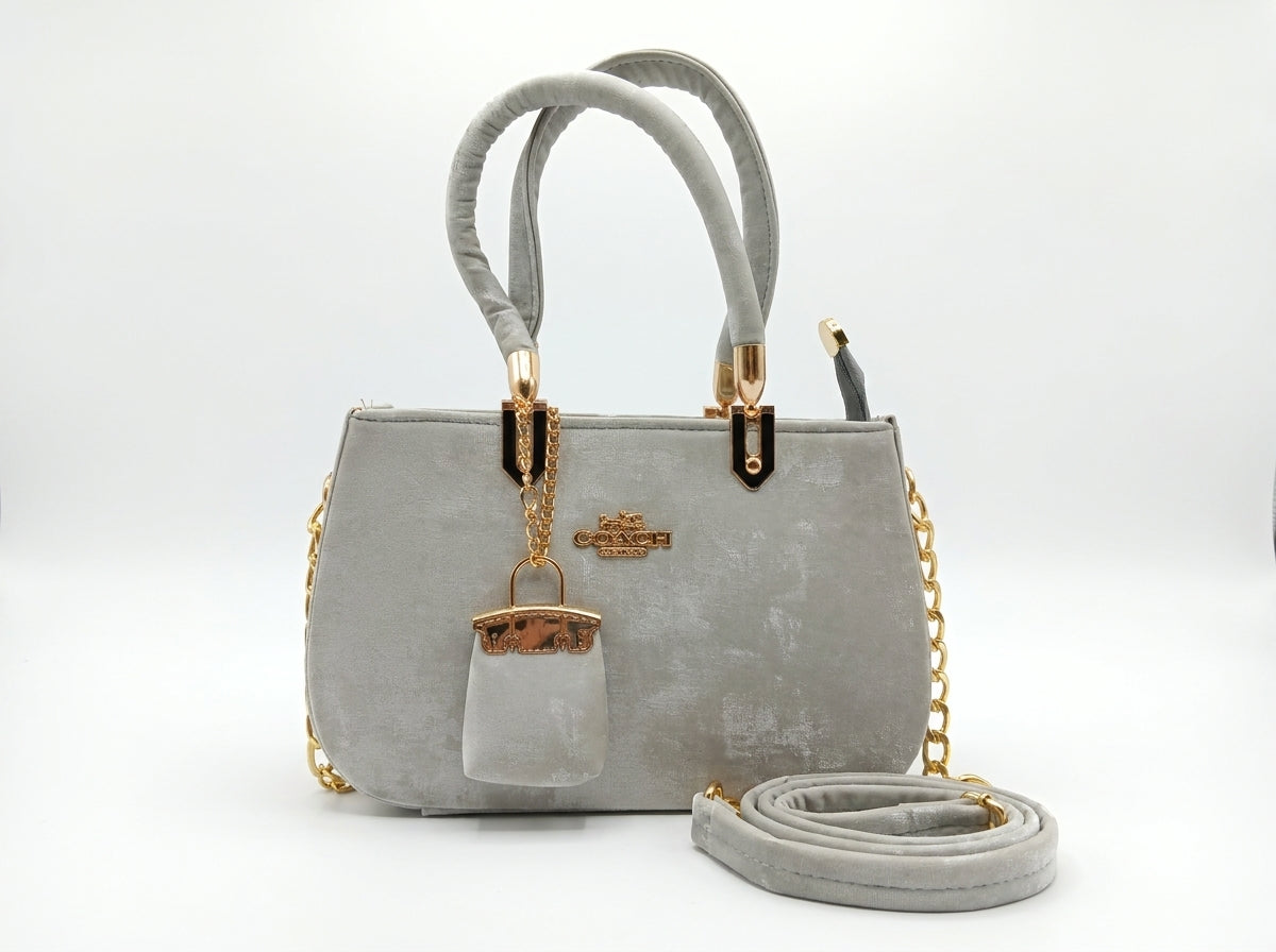 Crushed Velvet Structured Tote & Crossbody Bag With Mini Pouch Charm