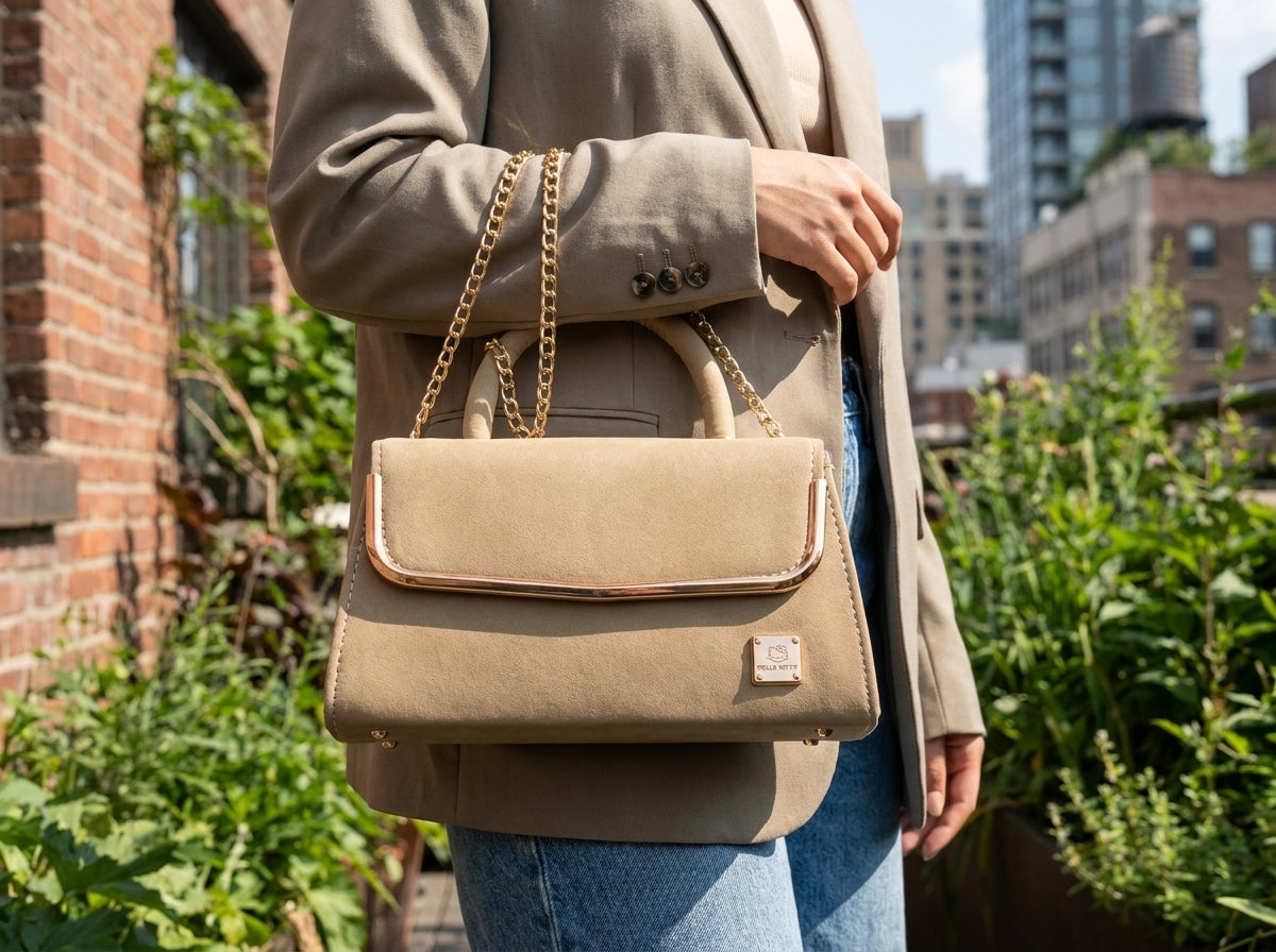 Beige Faux Suede Metal-Trim Flap Top Handle & Crossbody Bag