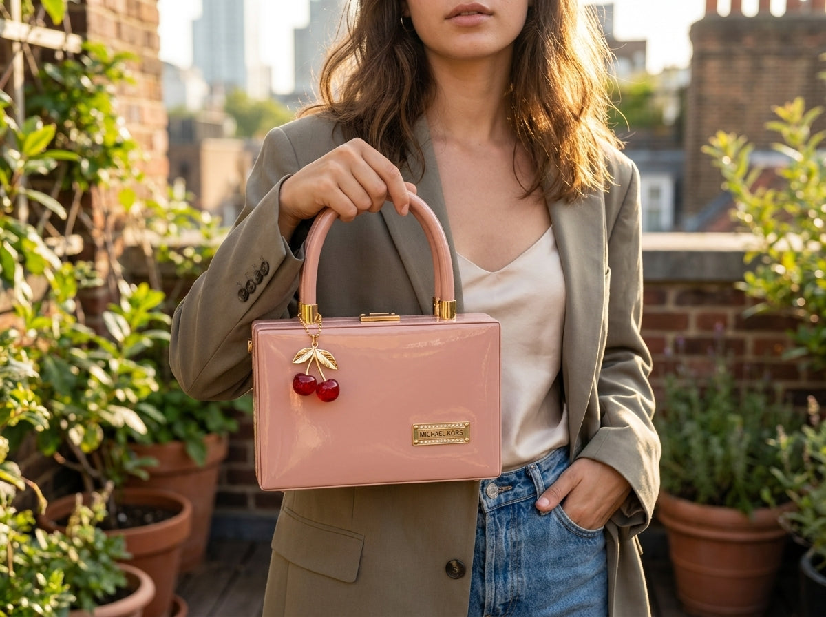 Glossy Pink Box Clutch & Crossbody with Cherry Charm
