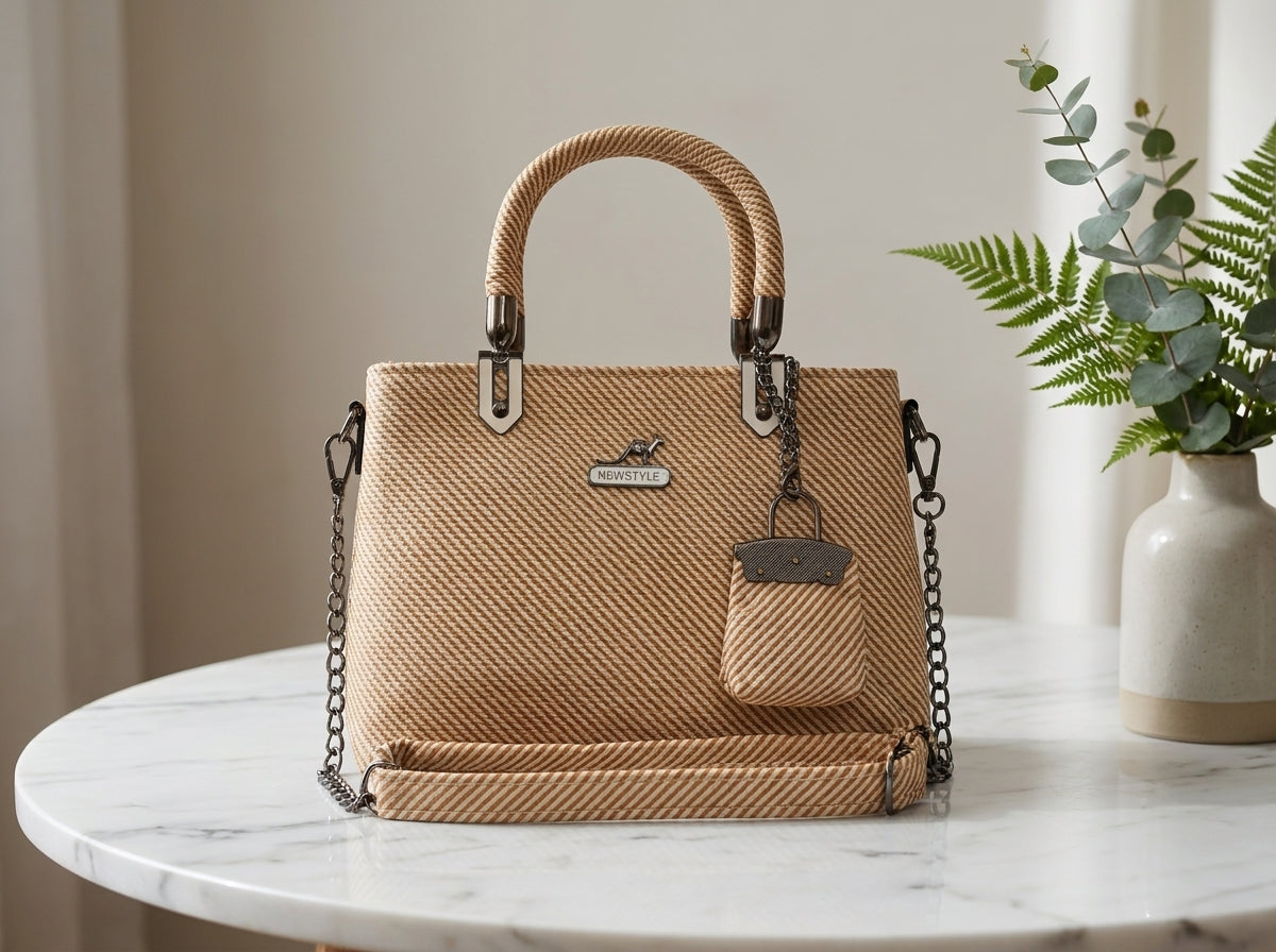 Beige Diagonal Textured Structured Tote & Crossbody HandBag