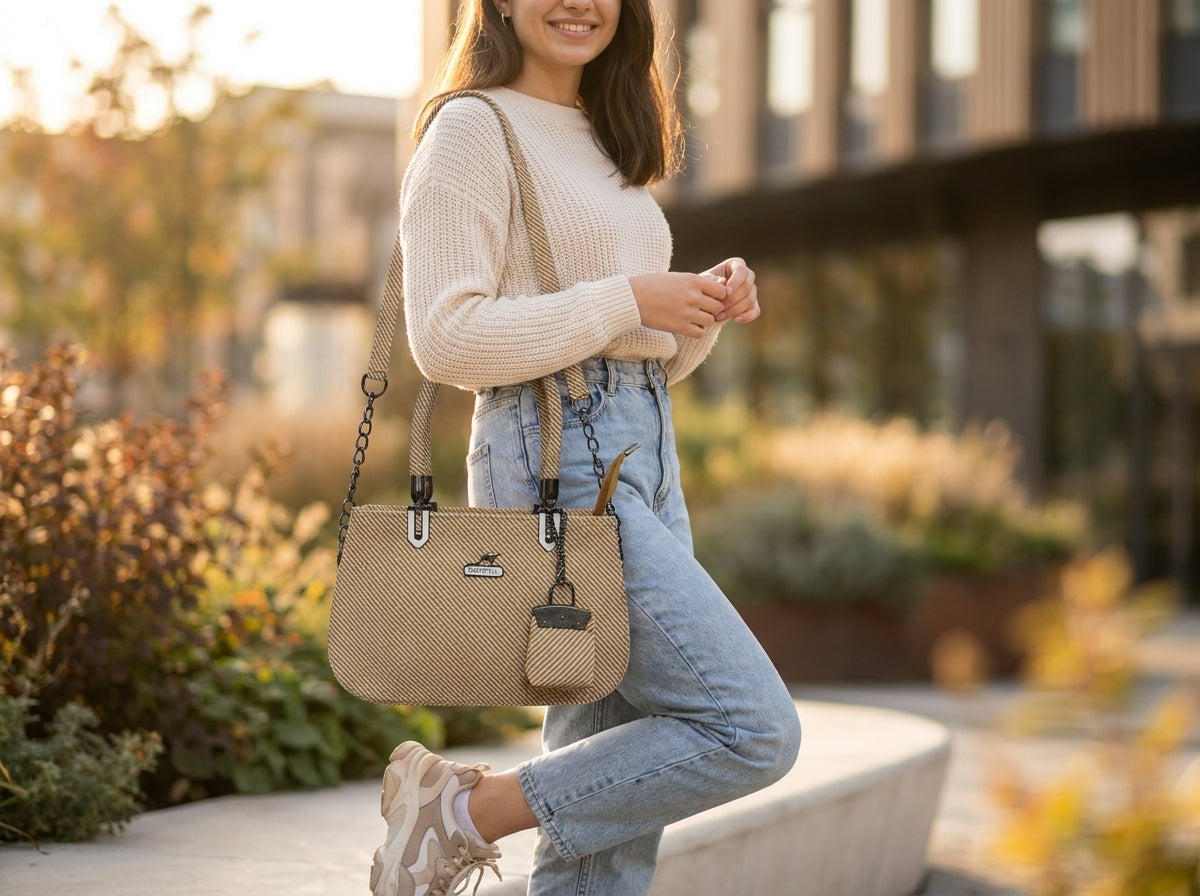 Beige Diagonal Textured Structured Tote & Crossbody HandBag