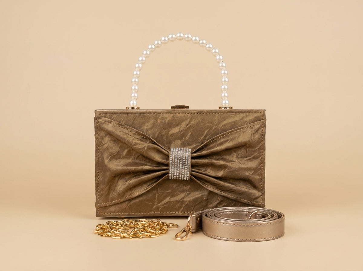 Pearl Handle Textured Bow Box Clutch & Evening Bag