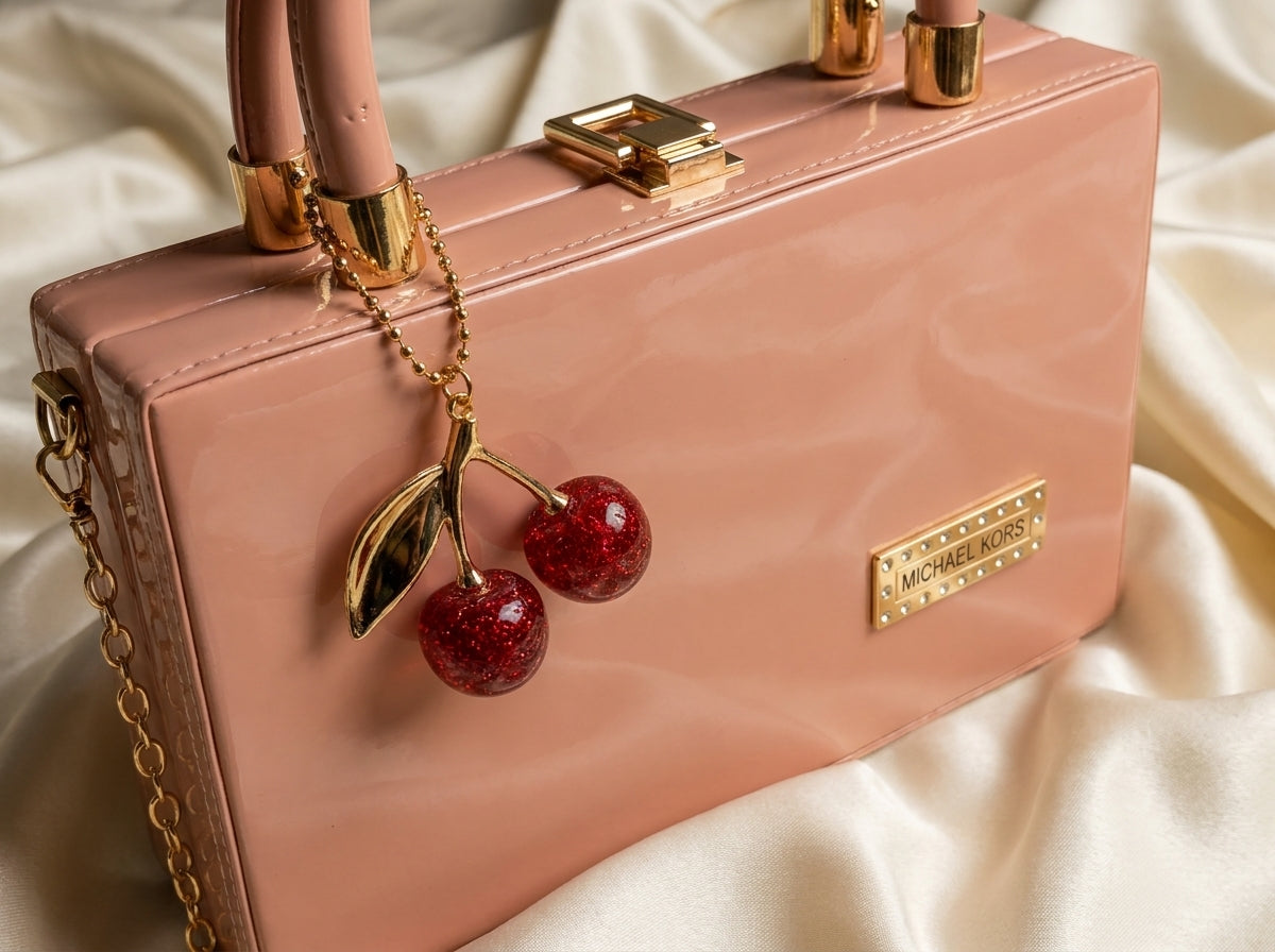 Glossy Pink Box Clutch & Crossbody with Cherry Charm