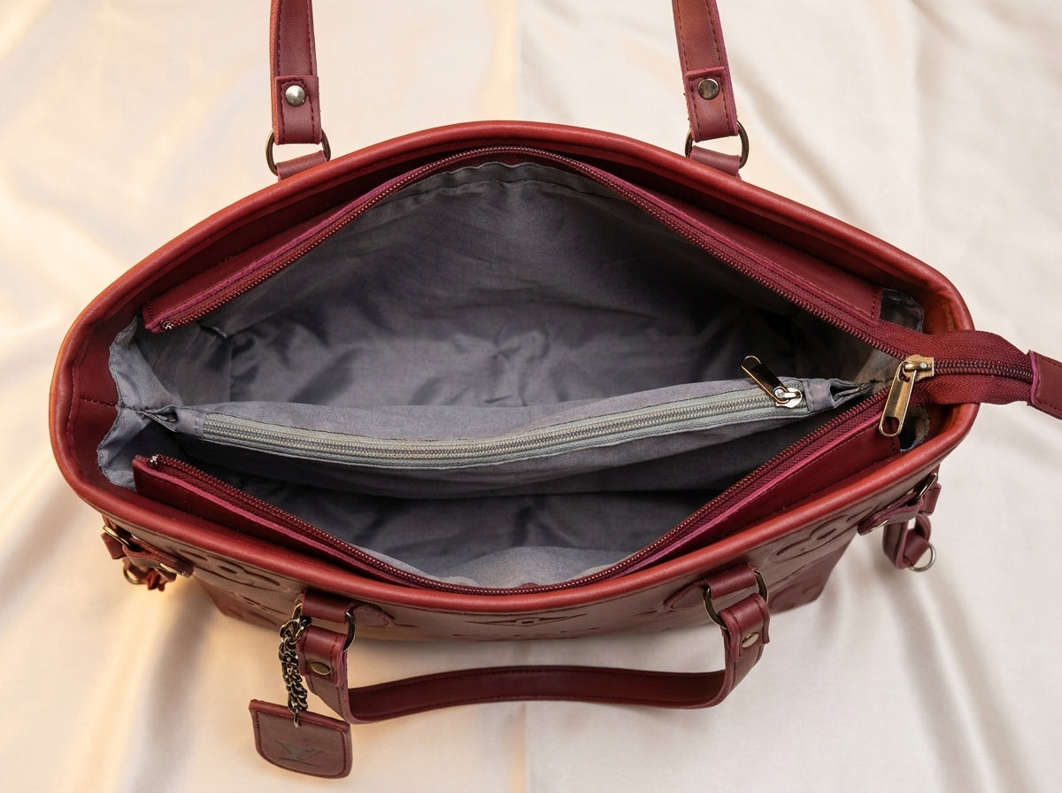 Burgundy Embossed Pattern Structured Shoulder Tote