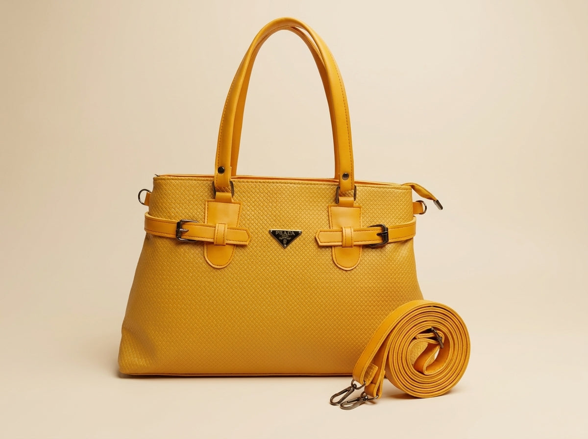 Vibrant Yellow Textured Top Handle Tote & Crossbody