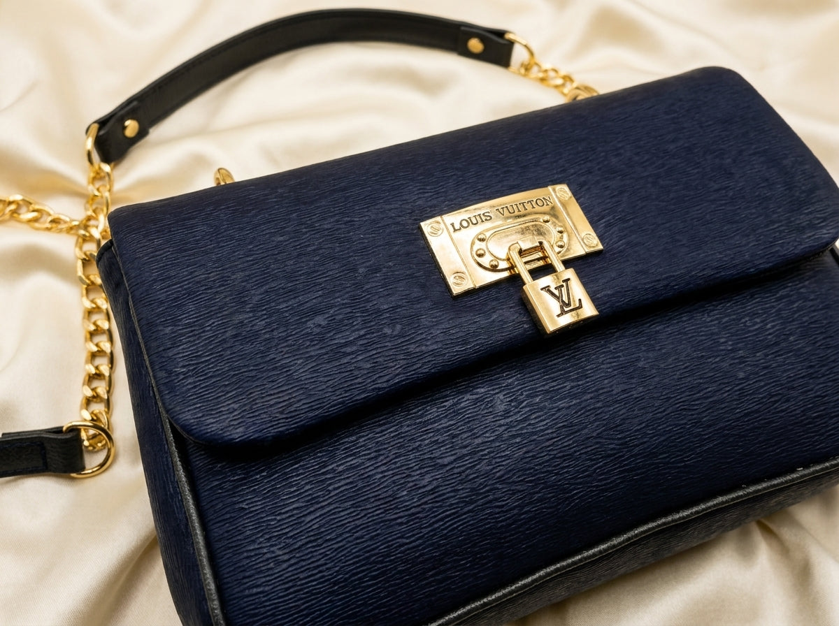 Navy Blue Textured Flap Top Handle & Crossbody Bag
