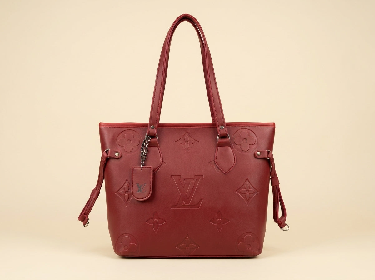 Burgundy Embossed Pattern Structured Shoulder Tote