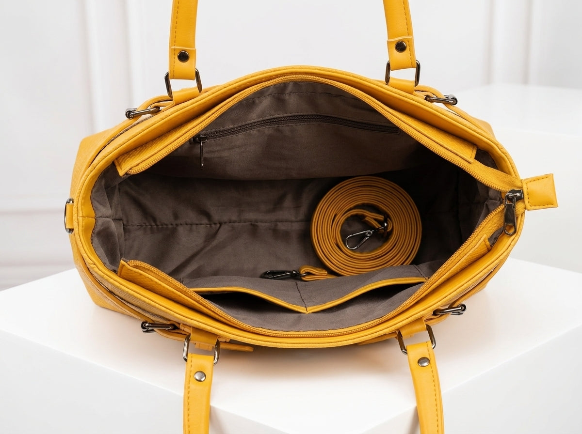 Vibrant Yellow Textured Top Handle Tote & Crossbody