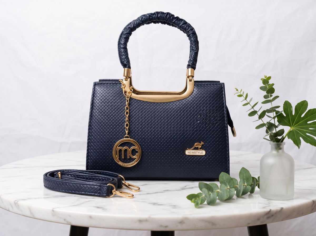 Navy Blue Textured Top Handle & Crossbody Bag