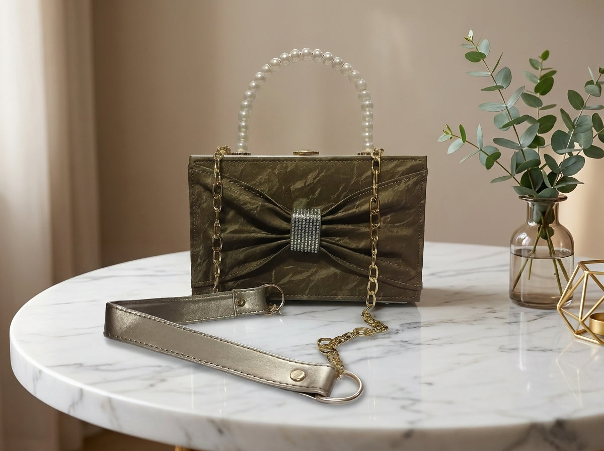 Pearl Handle Textured Bow Box Clutch & Evening Bag