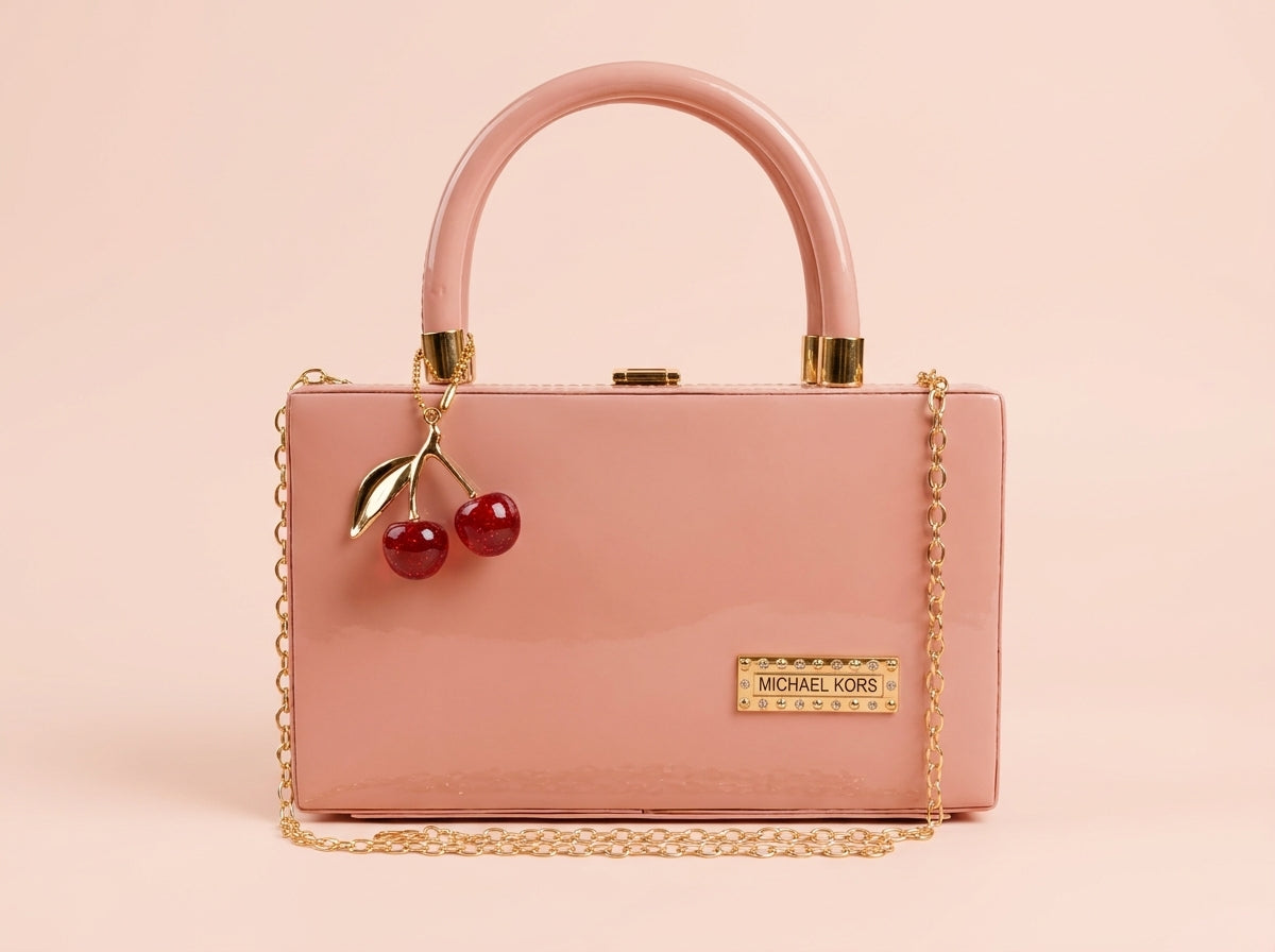 Glossy Pink Box Clutch & Crossbody with Cherry Charm