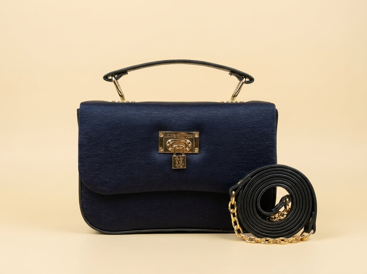 Navy Blue Textured Flap Top Handle & Crossbody Bag