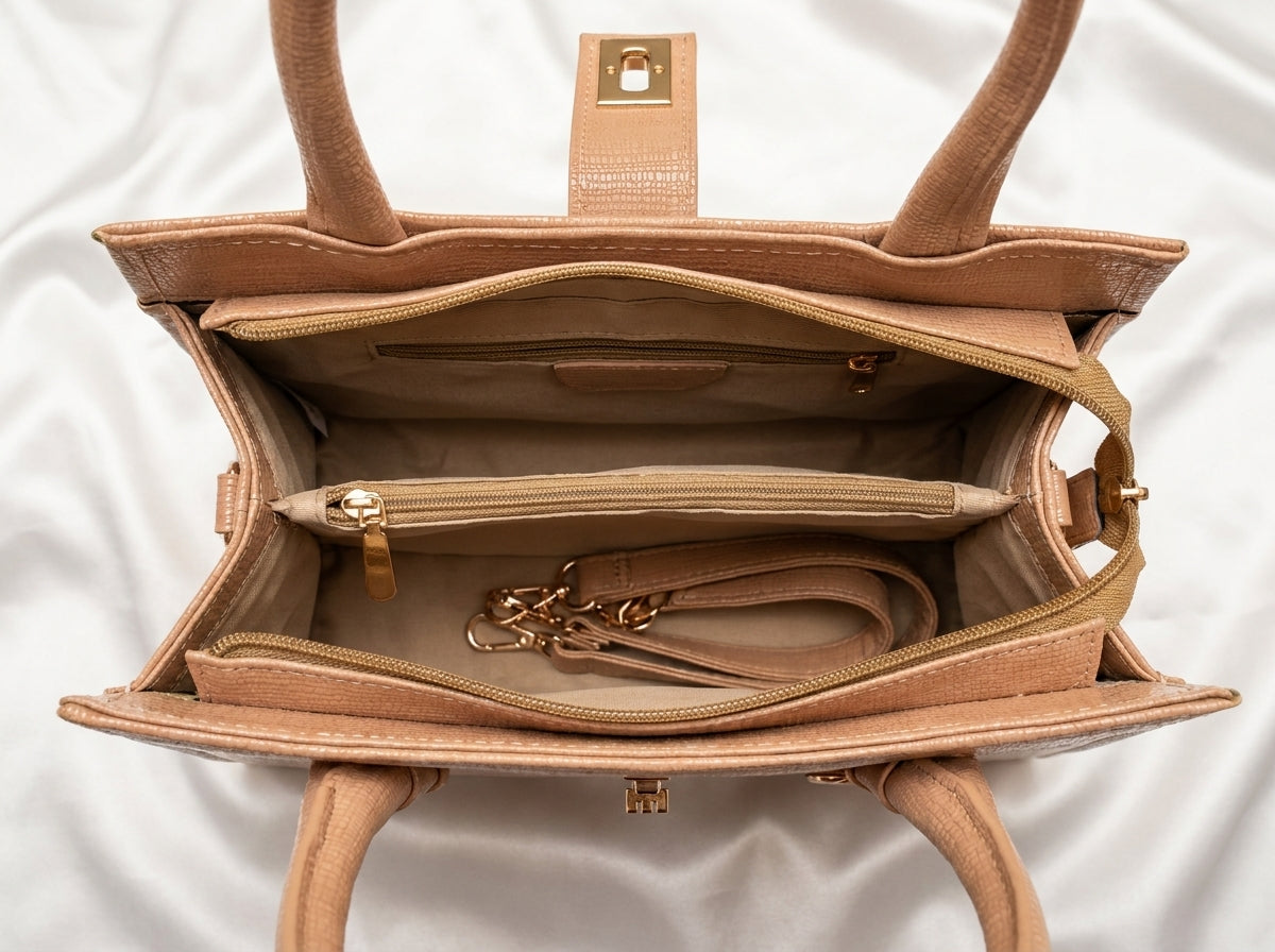 Camel Textured Turn-Lock Structured Tote & Handbag