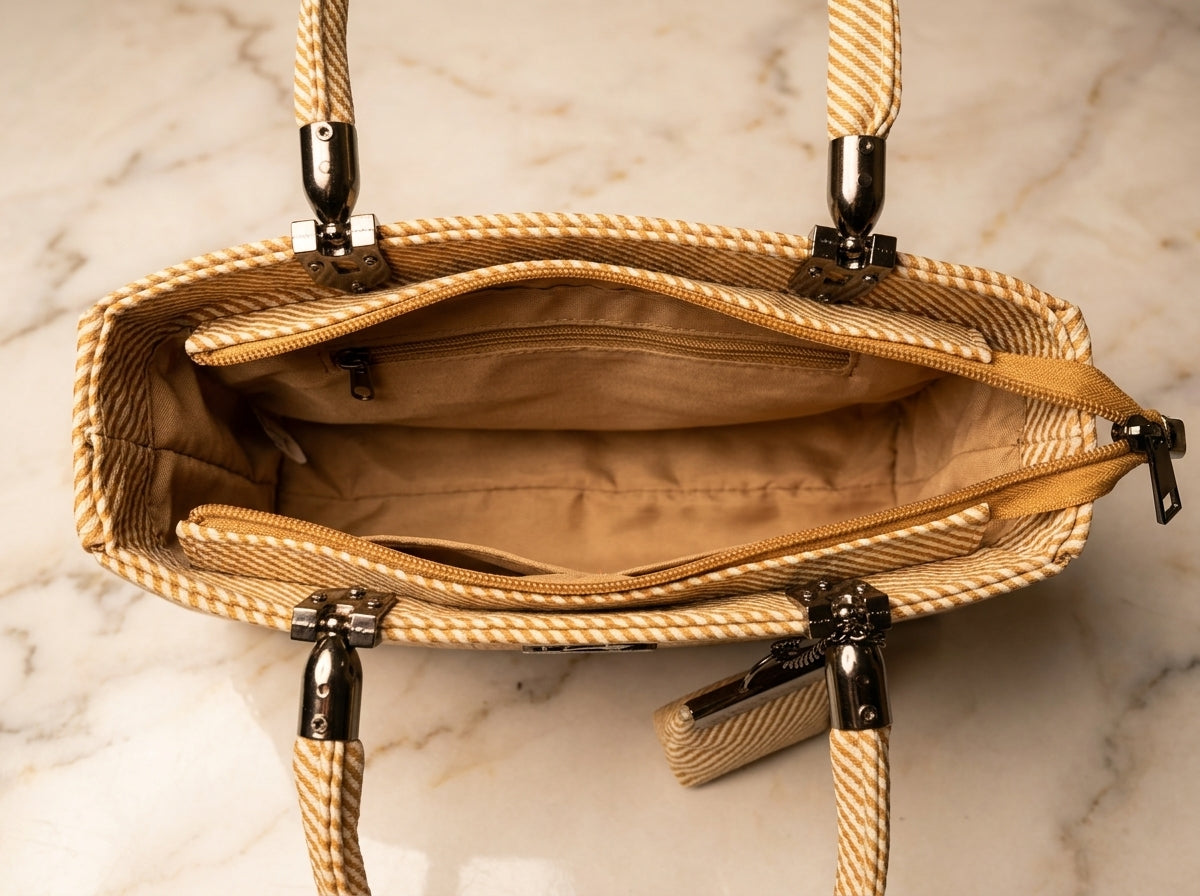Beige Diagonal Textured Structured Tote & Crossbody HandBag
