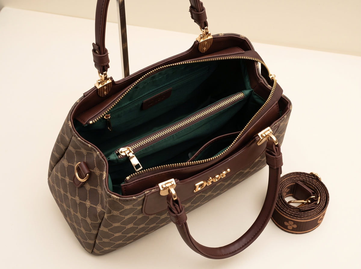 Brown Monogram Pattern Structured Tote & Crossbody Bag