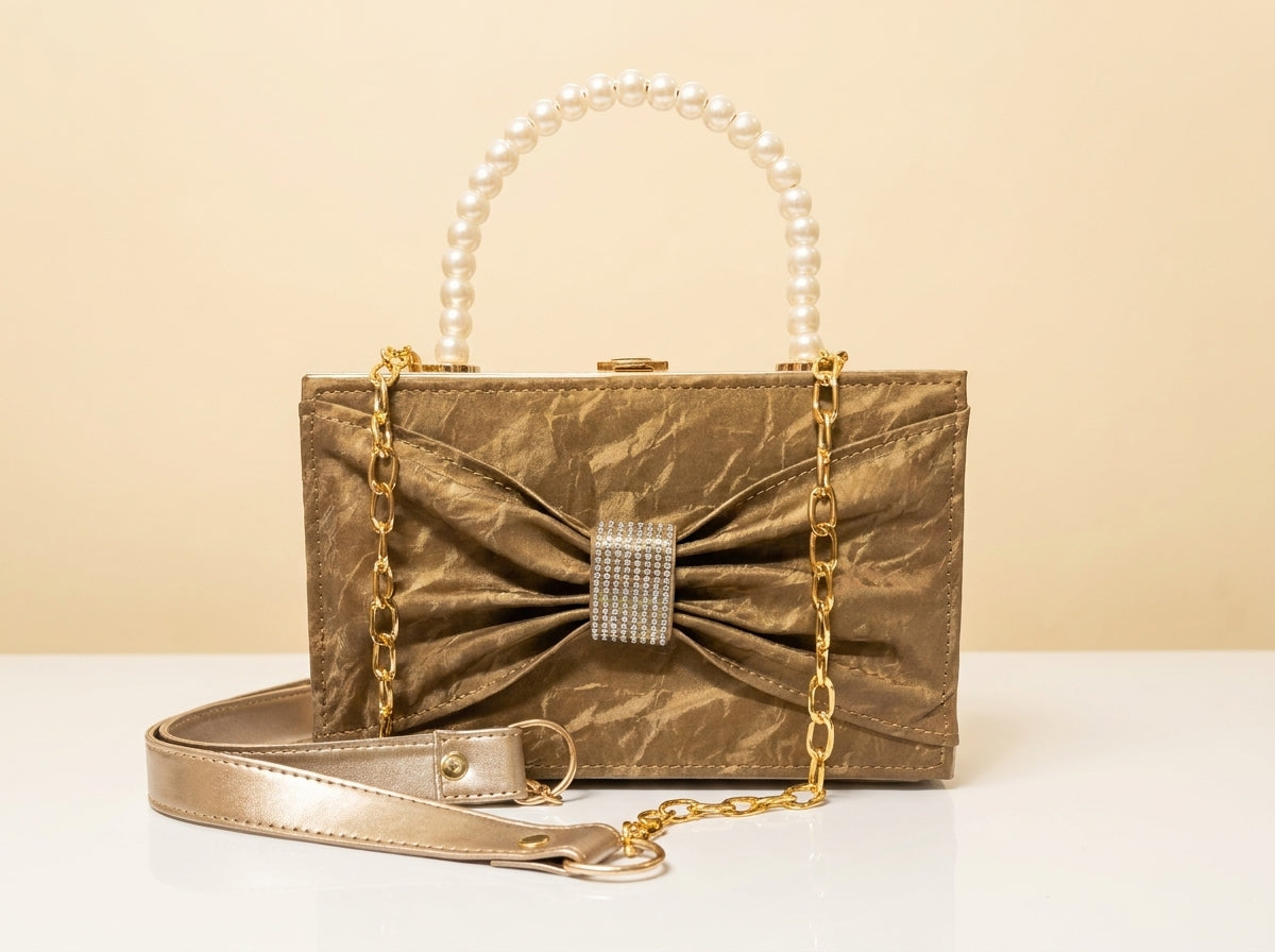 Pearl Handle Textured Bow Box Clutch & Evening Bag
