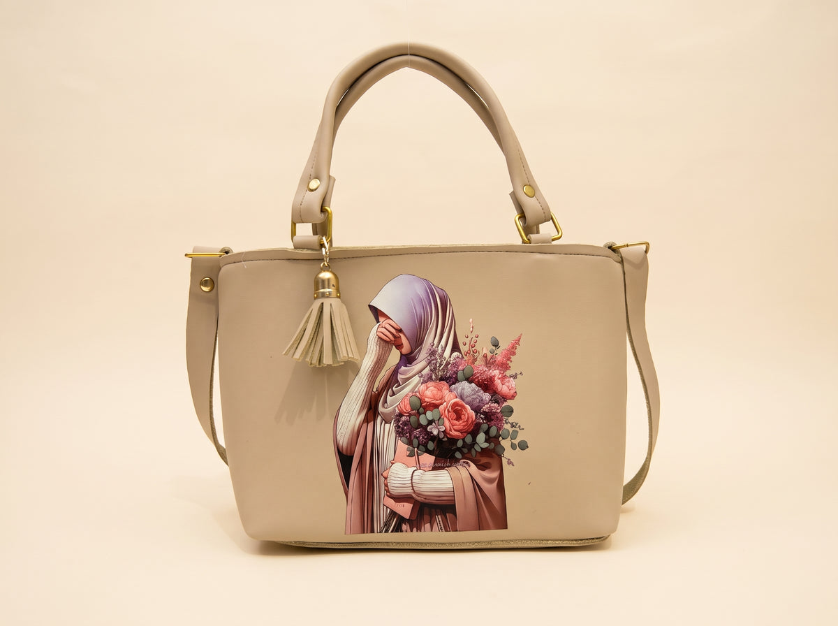 Beige Floral Graphic Structured Tote & Crossbody Bag
