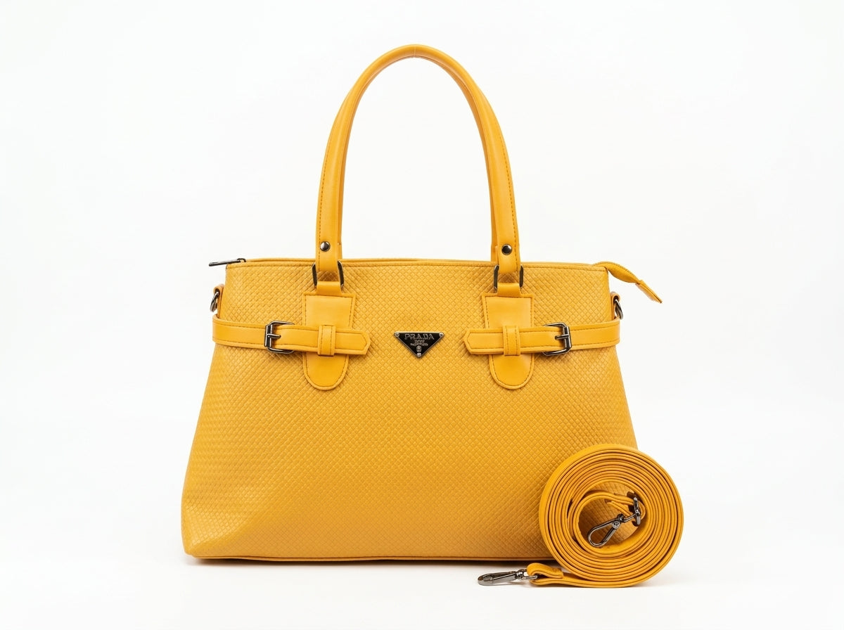 Vibrant Yellow Textured Top Handle Tote & Crossbody