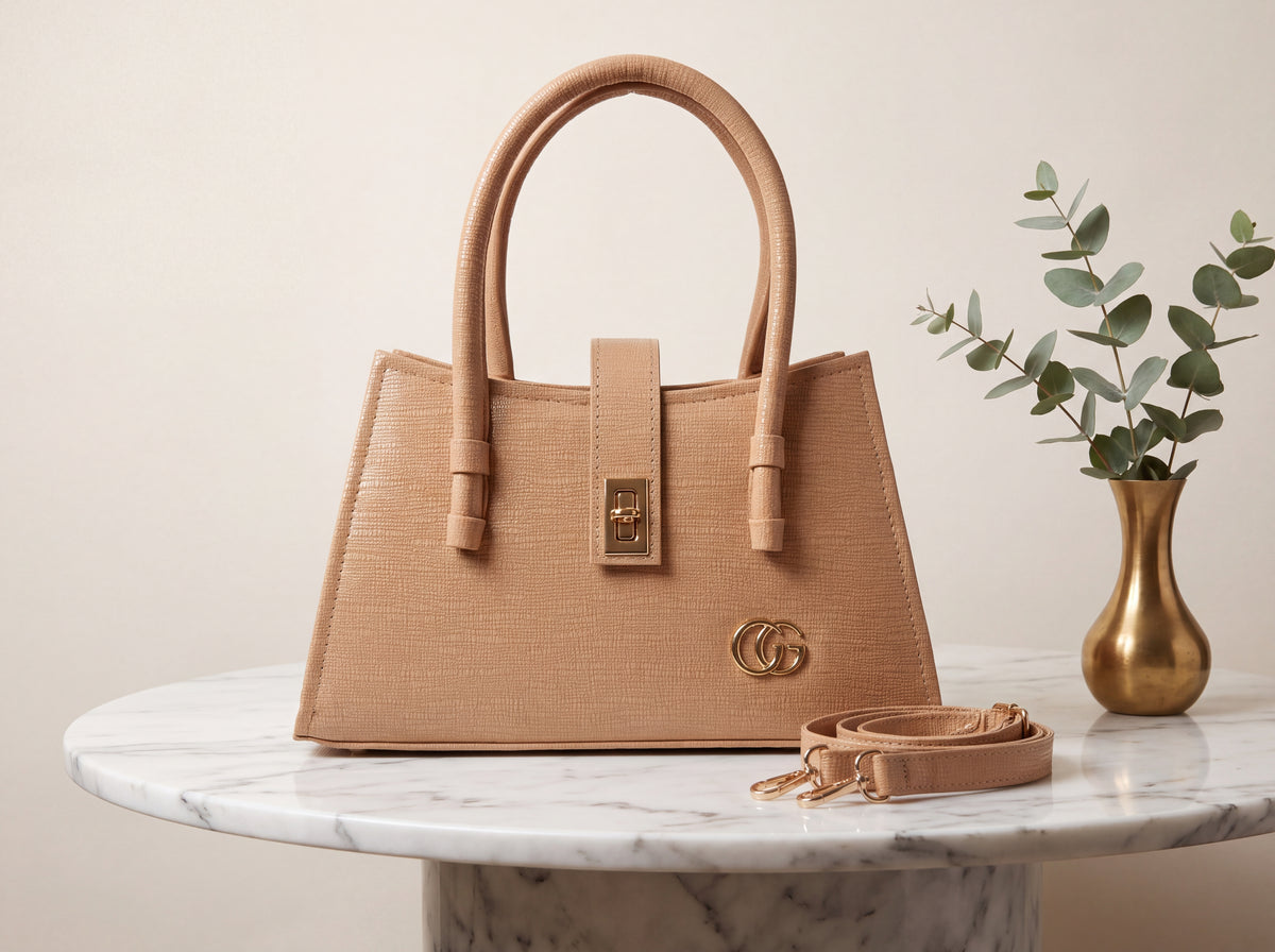 Camel Textured Turn-Lock Structured Tote & Handbag