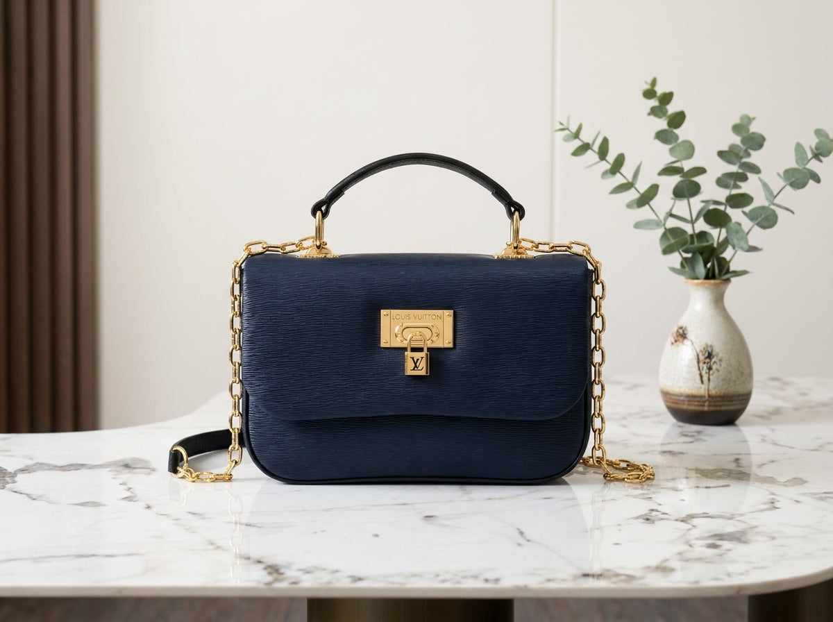 Navy Blue Textured Flap Top Handle & Crossbody Bag